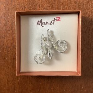 Monet Monogram “M” Silver Brooch with Crystal Accents